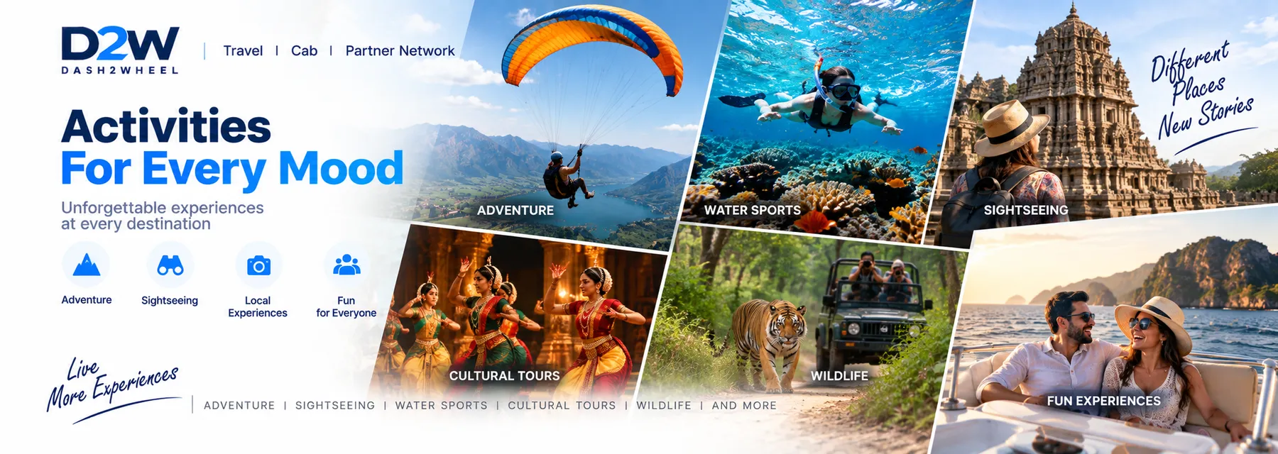 Activities — adventure, sightseeing, water sports, cultural tours and wildlife